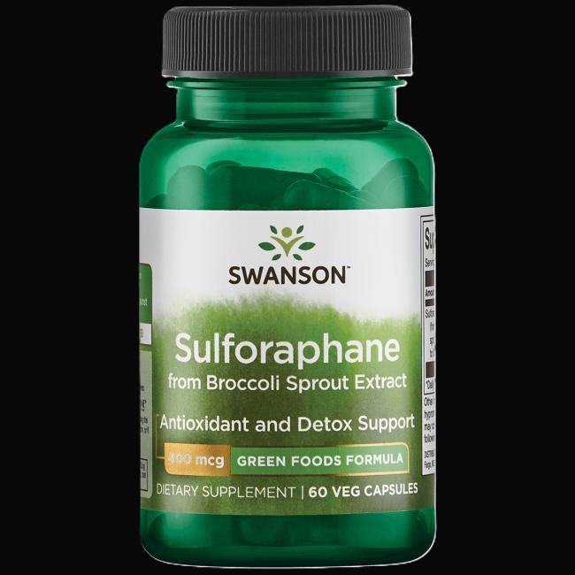 Sulforaphane symboliseret ved grønt pilleglas fra Swanson med teksten Sulforaphane from Broccoli Sprout Extract, Antioxidant and detox support.