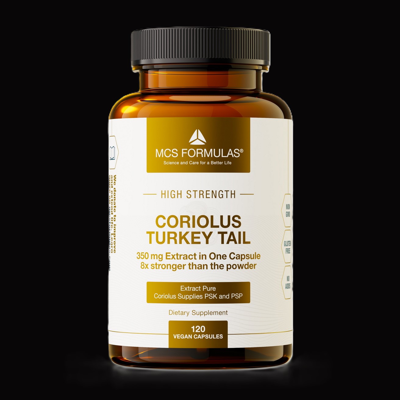 Coriolus Turkey tail symboliseret ved brunt pilleglas fra MCS Formulas med påskriften Turkey Tail