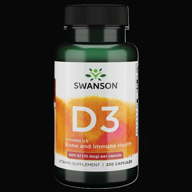 Vitamin D illustreret ved et grønt pilleglas fra Swanson med påskriften D3, Bone and Immune Health.