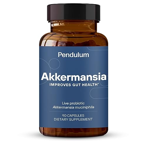 Akkermansia illustreret ved pilleglas fra Pendulum med bl.a. teksten akkermansia, improves gut health.