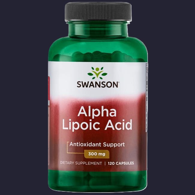 Alfa-Liponsyre illustreret ved et grønt pilleglas af dette fra Swanson m hvid og rød etikette. Påskriften Alpha Lipoic Acid.