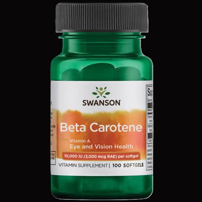 Beta Caroten fra Swanson på glas med påskriften Beta Carotene, Vitamin A, Eye and Vision Health.