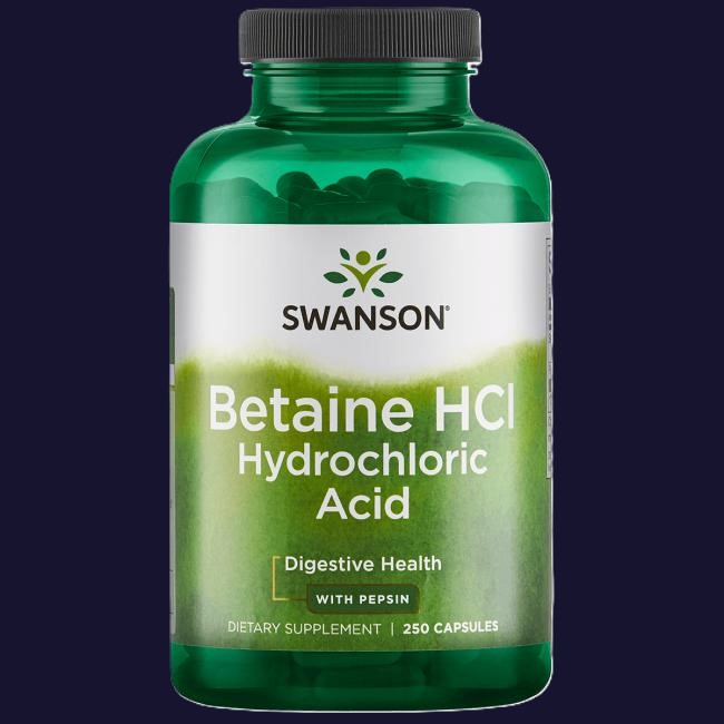 Betain illustreret ved grønt pilleglas fra Swanson med påskriften Betaine HCl, Hydrochloric Acid, Digestive Health.