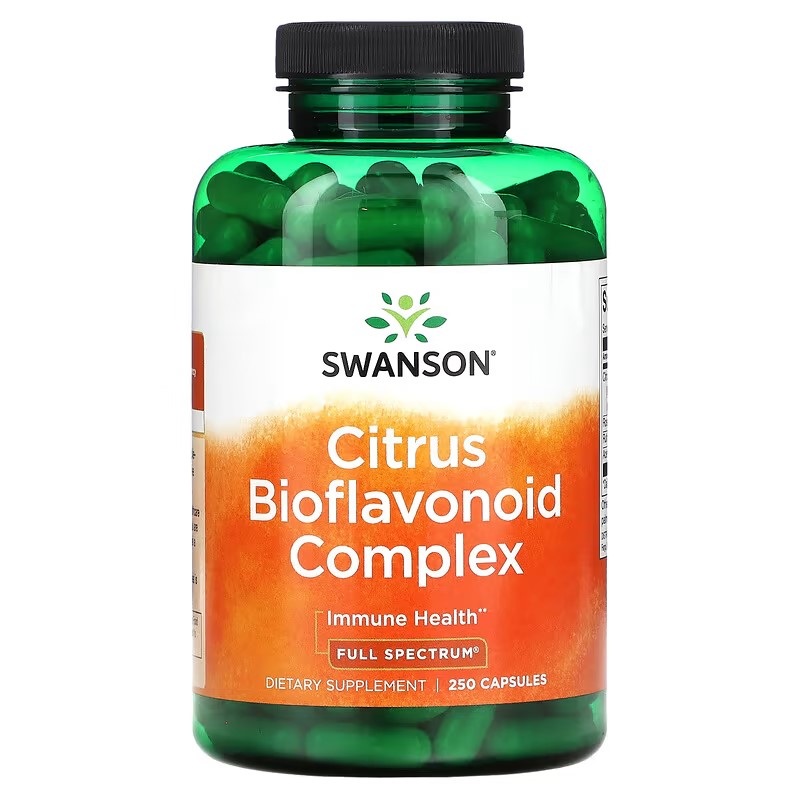 Citrus flavonoider symboliseret ved foto af pilleglas fra Swanson med teksten Citrus Bioflavonoid Conplex, Immune Health.