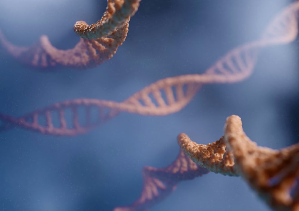 EGFR-mutation symboliseret ved 3 genstrenge i rosa-beige på lys blå baggrund.