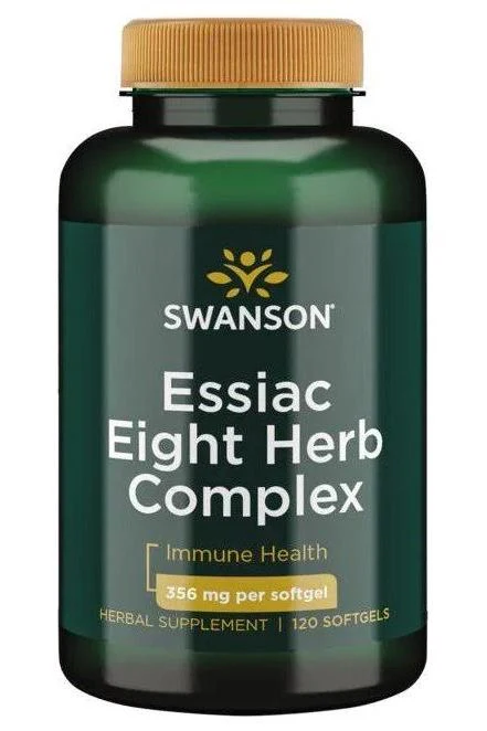 Essiac Eight Herb symboliseret ved pilleglas fra Swanson med samme tekst. og tilføjet Immune Health.
