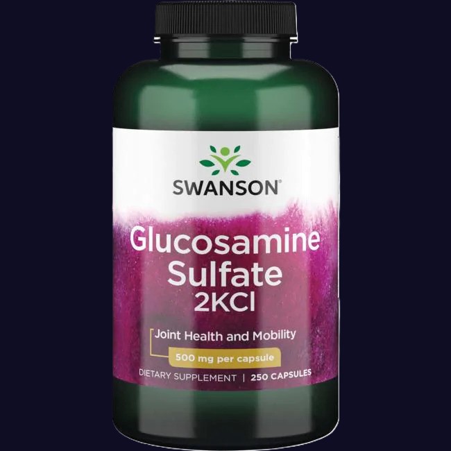 Glucosaminsulfat vist ved grønt pilleglas fra Swanson med teksten Glucosamine Sulfate 2KCl.