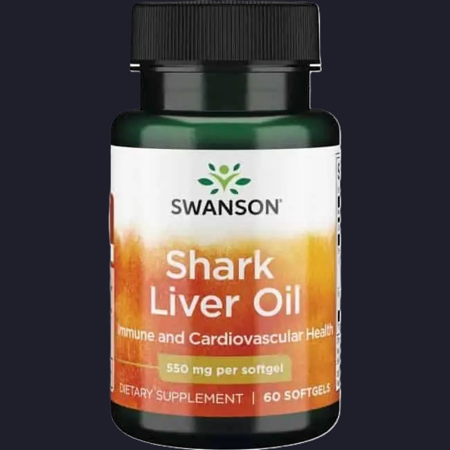 Hajleverolie i grønt pilleglas fra Swanson med teksten Shark Liver Oil, Immune and Cardiovascular Health.