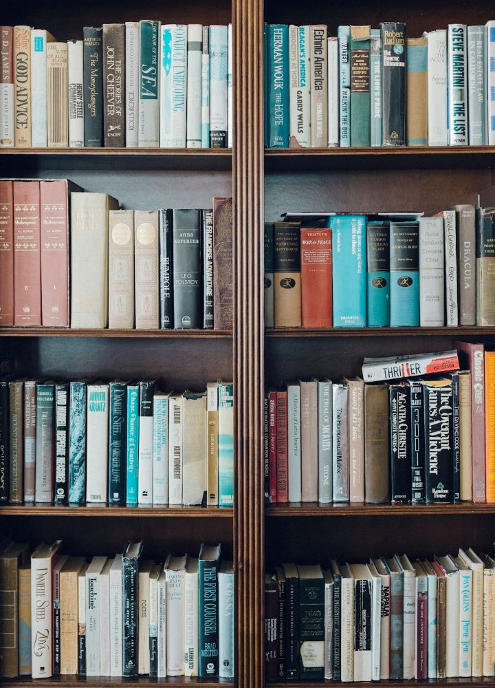 Litteratur symboliseret ved udsnit af bogreol med mindst 8 hylder fyldt med bøger.