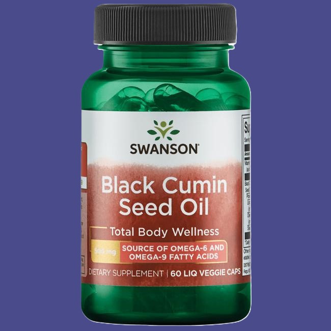 Nigella eller sort spidskommen illustreret ved grønt pilleglas fra Swanson med påskriften Black Cumin Seed Oil.