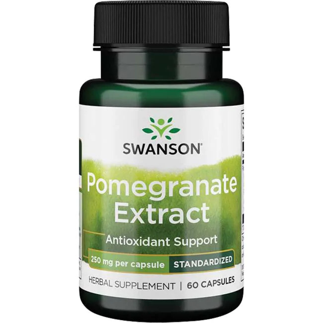 Granatæble i grønt pilleglas fra Swanson med påskriften Pomegranate Extract.
