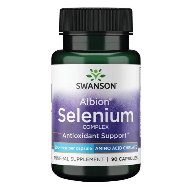 Selen illustreret ved et grønt pilleglas fra Swanson med påskriften Selenium, Antioxidant Support.