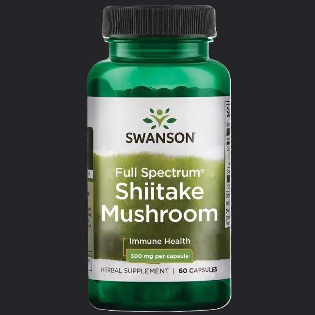 Shiitake svampe illustreret ved grønt pilleglas fra Swansom med påskriften Full spectrum Shiitake Mushroom. Immune Health.