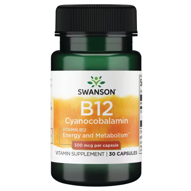 Vitamin-B symboliseret ved grønt pilleglas fra Swanson med påskriften B12, Cyanocobolamin, Energy and Metabolism.
