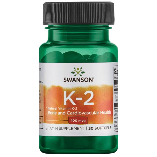 Vitamin K symboliseret ved grønt pilleglas fra Swanson med påskriften K-2, Bone and Cardiovascular Health.