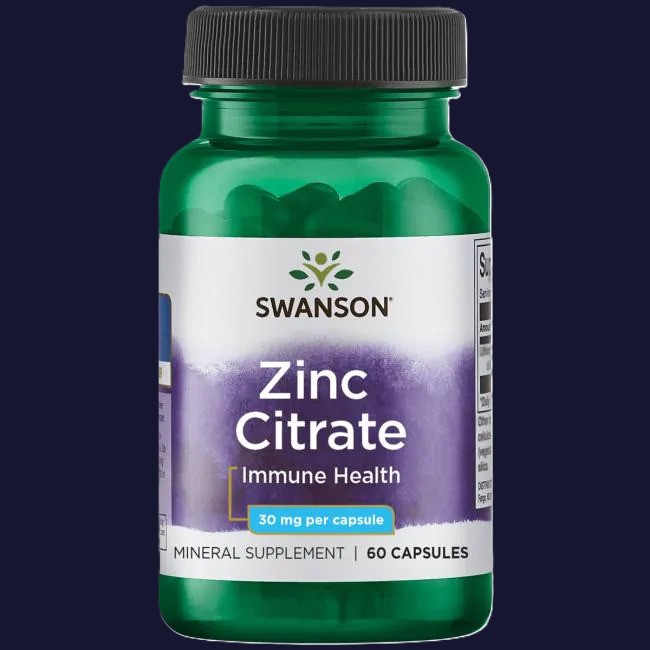 Zink illustreret ved et grønt pilleglas fra Swanson med påskriften Zink Citrate, Immune Health.