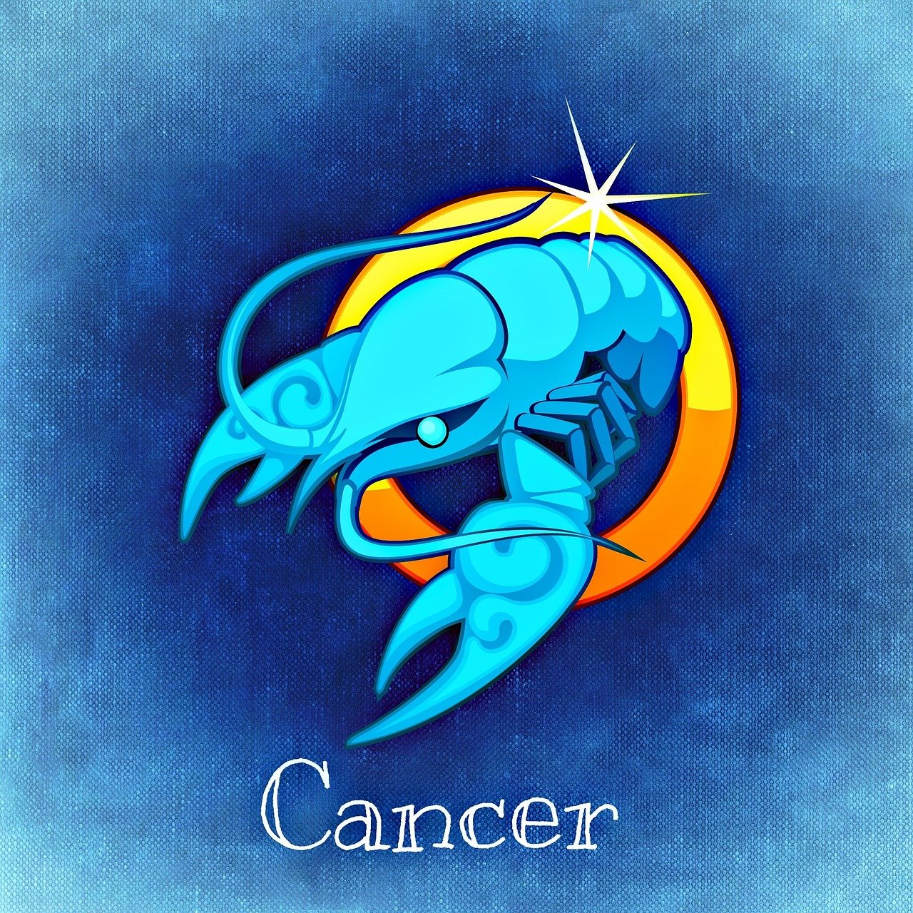 Børn og unge med kræft symboliseret ved øverste del af en krebs i blåt, der er halvt igennem en gul ring. Teksten Cancer i hvidt. Blå baggrund.
