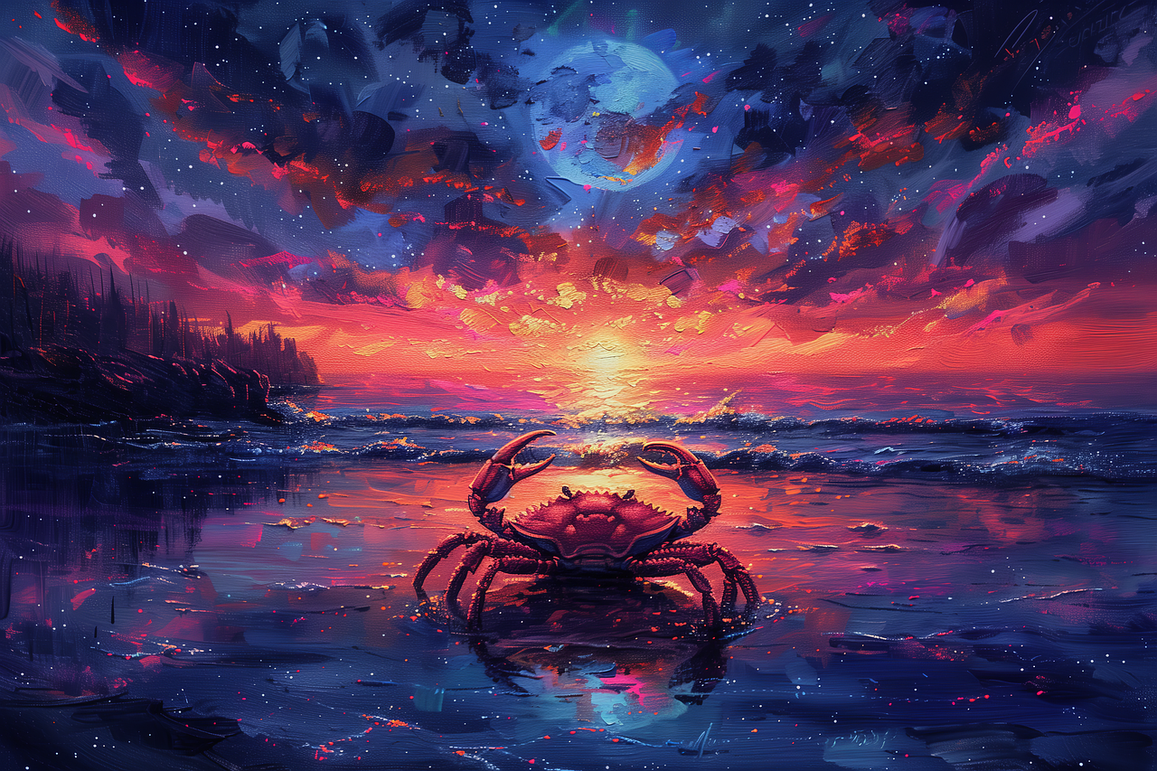 Børn og unge med kræft symboliseret ved en grafisk fremstillet solnedgang, der betragtes af en krebs. Blå, rosa og gyldne farver.