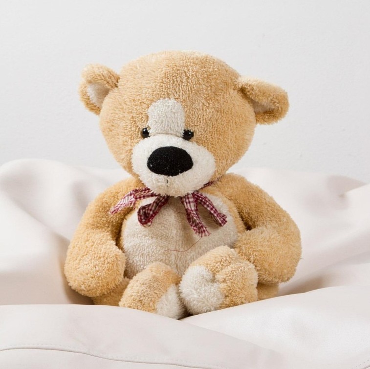 Børn og unge med kræft symboliseret ved en beige bamse. Hvid baggrund.