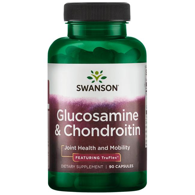 Chondroitin symboliseret ved et grønt pilleglas fra Swanson med påskriften Glucosamine & Chondroitin. Hvid skrift på bordeau baggrund.