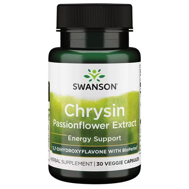 Chrysin symboliseret ved et grønt pilleglas fra Swanson med påskriften Chrysin, Passionflower Extract. Energy support