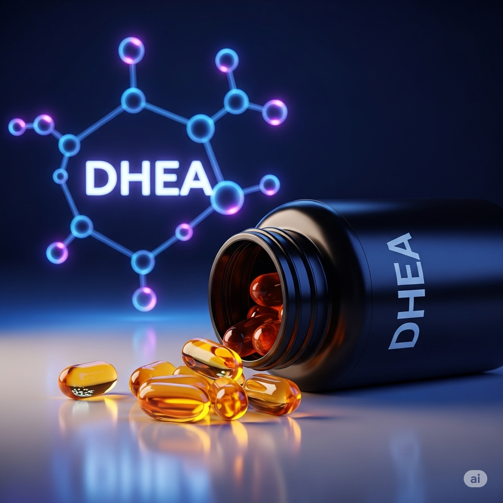 DHEA symboliseret ved en brunt pilleglas uden låg med påskriften DHEA, nogle gyldne kapsler der ligger foran dette. En tegning af molekyleagtig struktur derover med DHEA skrevet med hvide bogstaver i midten. Blå baggrund og lysere blå-gråt bordflade.

