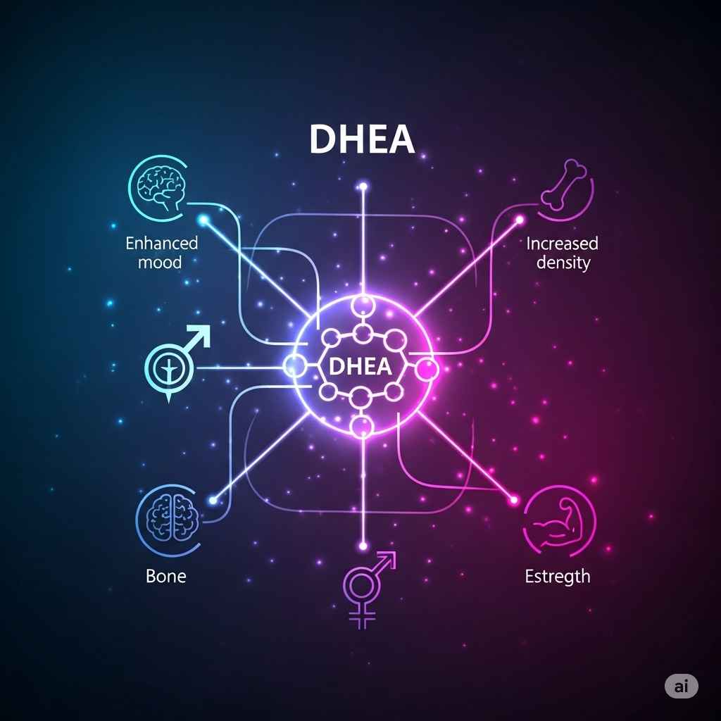 DHEA symboliseret ved en molekylestruktur i midten med en pil, hvor der står DHEA, desuden pile til forskellige symbolser der skal forklare virkning. Mørkeblå baggrund.