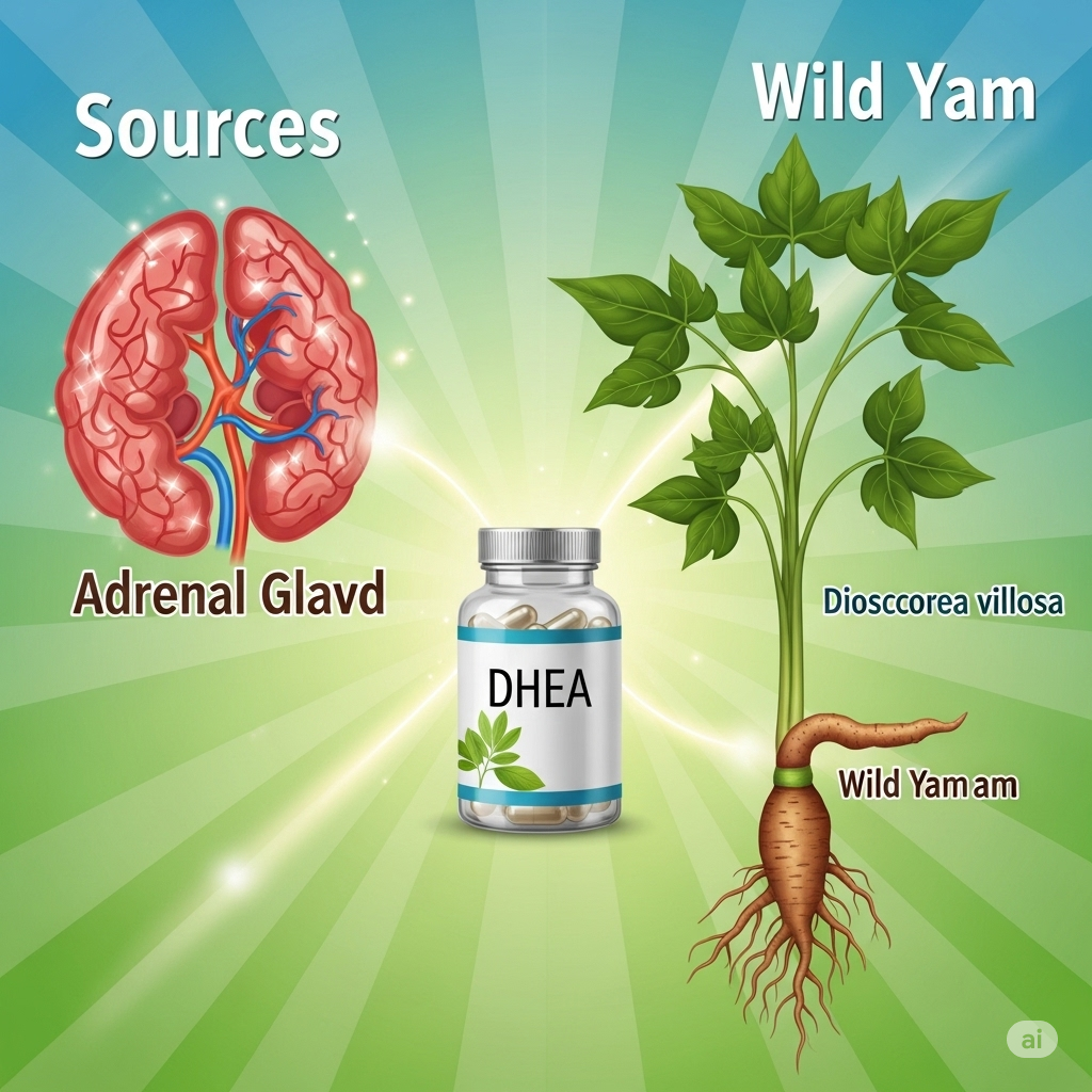 DHEA symboliseret ved et klart pilleglas med påskriften DHEA i midten, en sæt binyrer øverst til venstre og en plante - Wild Yam til højre. Grønlig baggrund med stråler udgående fra midten.