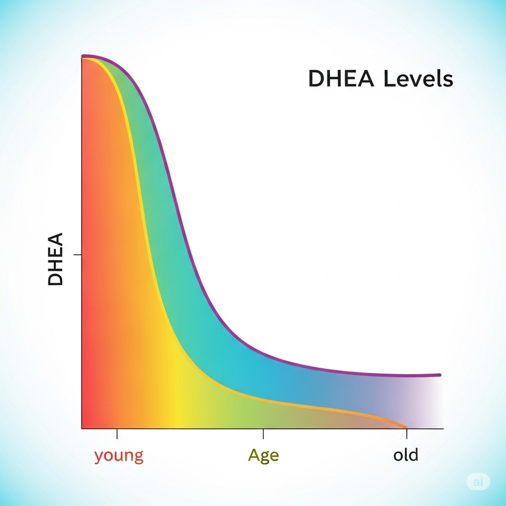 DHEA symboliseret ved en kurve i orange, gul og turkis, der viser at mængden af DHEA falder dramatisk med alderen.