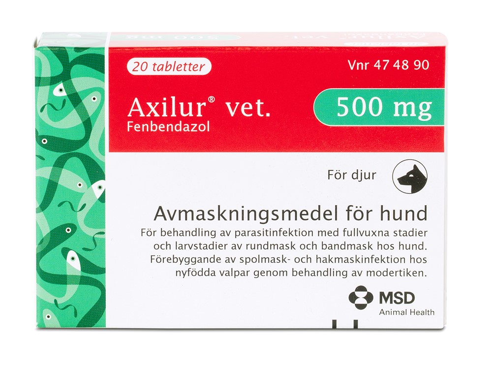 Fenbendazol symbloliseret ved en pap-karton med påskriften Axolur.vet. på rød baggrund. Resten af pakningen er i hvidt.
