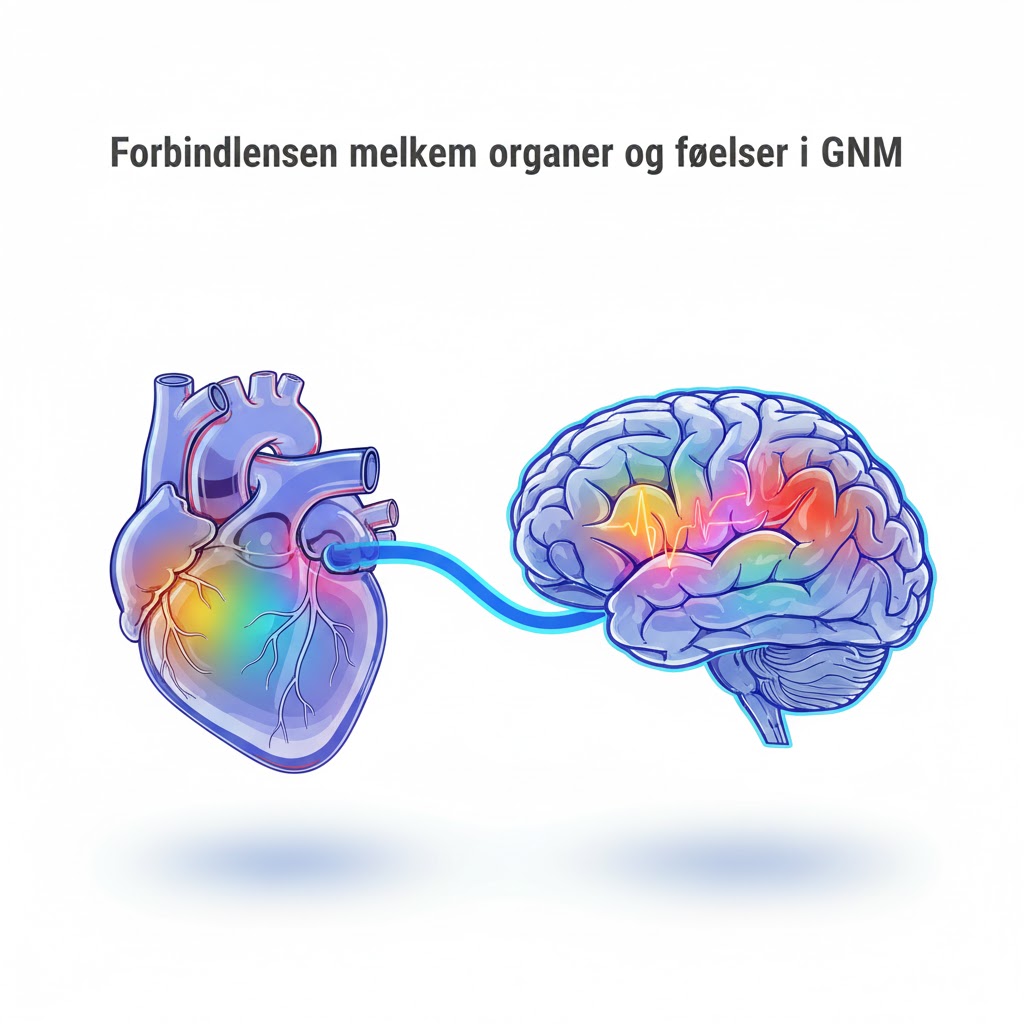 German New Medicine (GNM) symboliseret ved tegning af et hjerte med en streng til tegning af en hjerne.