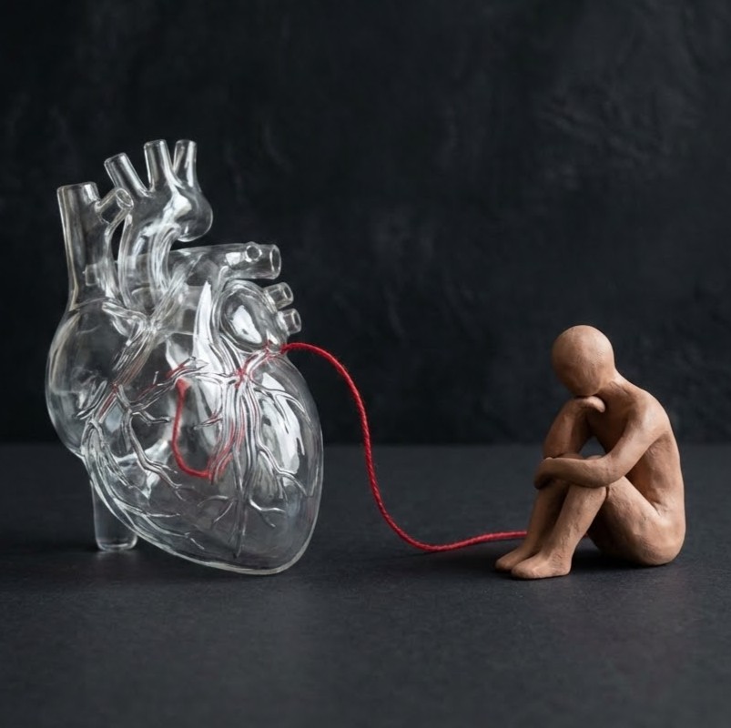 German New Medicine (GNM) symboliseret ved model af et klart hjerte og en rød streng til et lille menneske, der sidder sammenbøjet ved siden af.