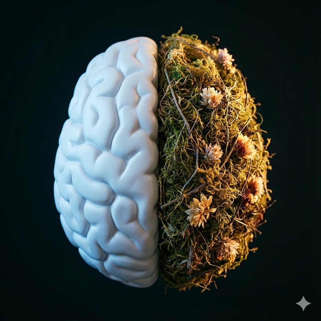 German New Medicine (GNM) symboliseret ved en model af hjerne der er hvid på venstre side og har halvvissent græs på højre side.