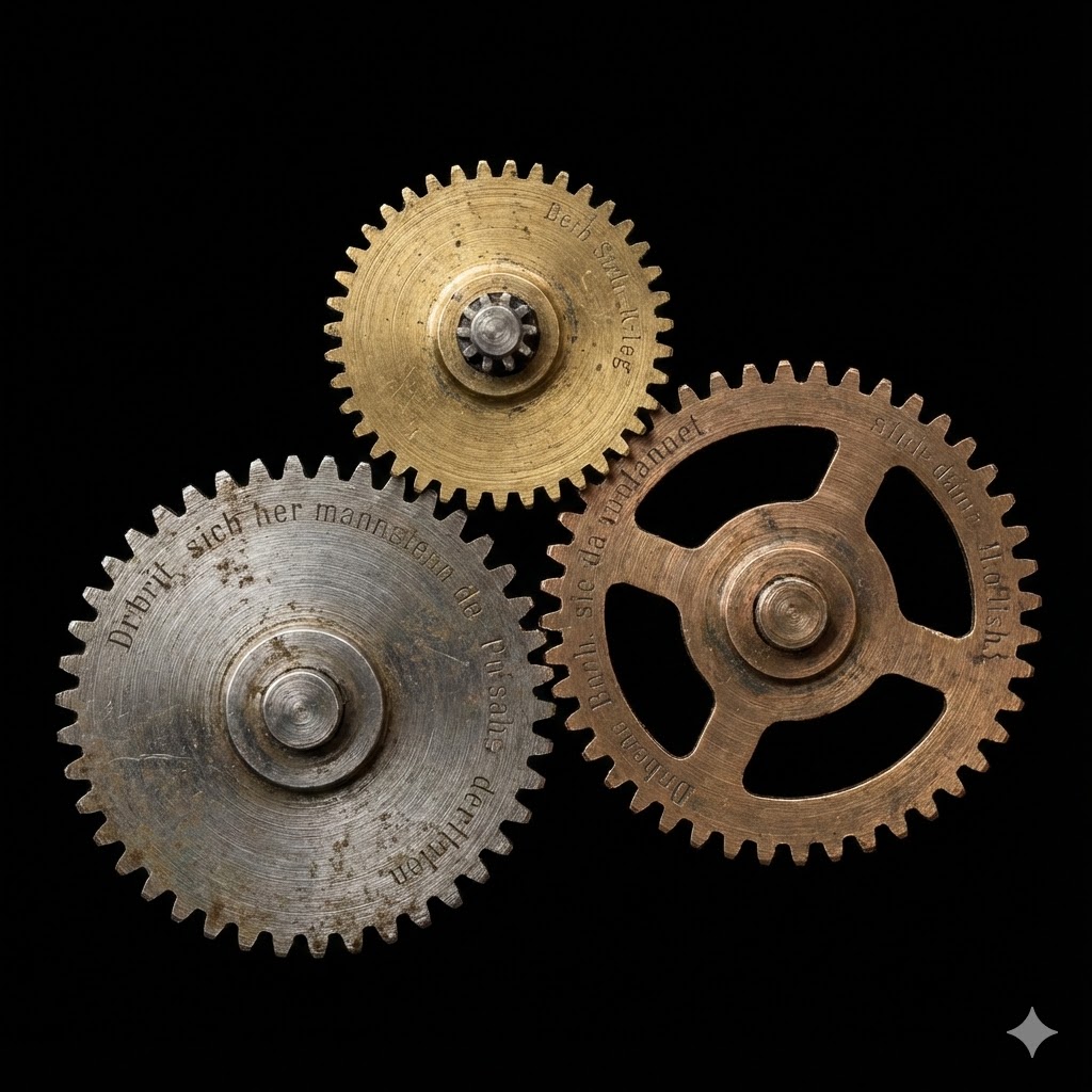 German New Medicine (GNM) symboliseret ved 3 forskellige tandhjul, der går i hak med hinanden. Sort baggrund.