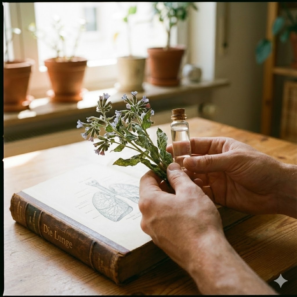 German New Medicine (GNM) symboliseret ved nogle mandehænder der sidder med lidt tørrede urter og en lukket bog.
