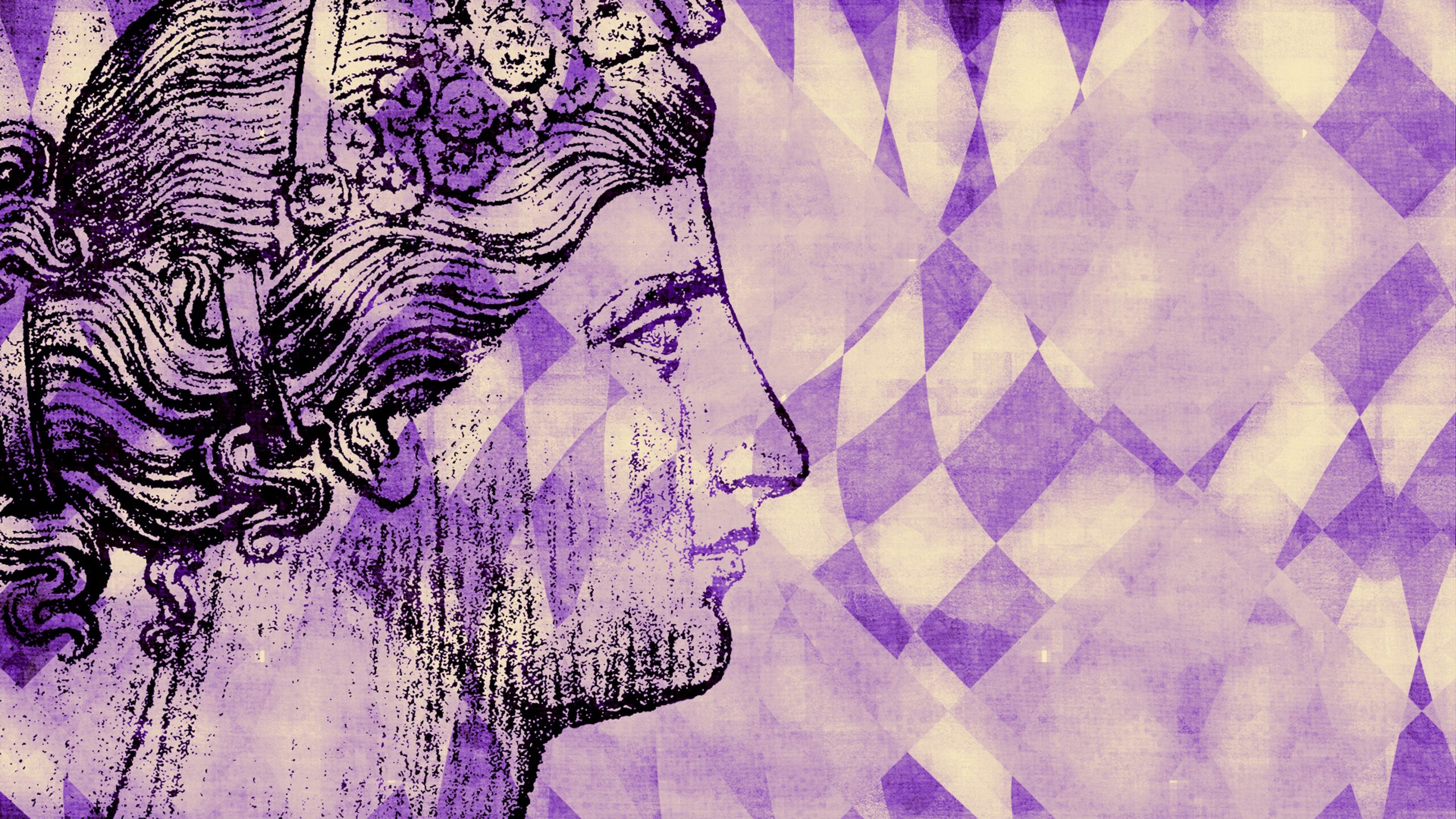 Hypnose symboliseret ved tegning i steg af menneske i profil. Ternet lilla baggrund.