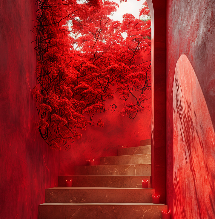 Kræftramte har ordet symboliseret ved en åbning for enden af en trappe, der går op. Rød tåge eller røde planter ses i baggrunden.