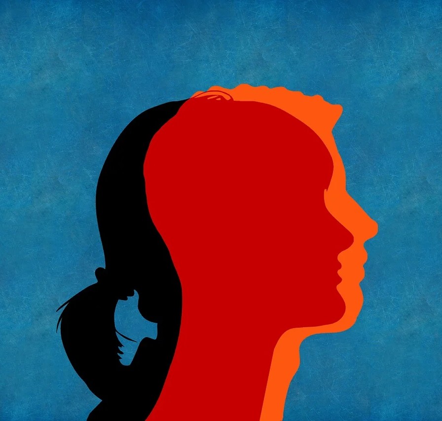 Kræftramte har ordet symboliseret ved silhuet af to hoveder over hinanden. Det ene med hestehale og det andet en mand. Orange, rød og sort farve. Blå baggrund.