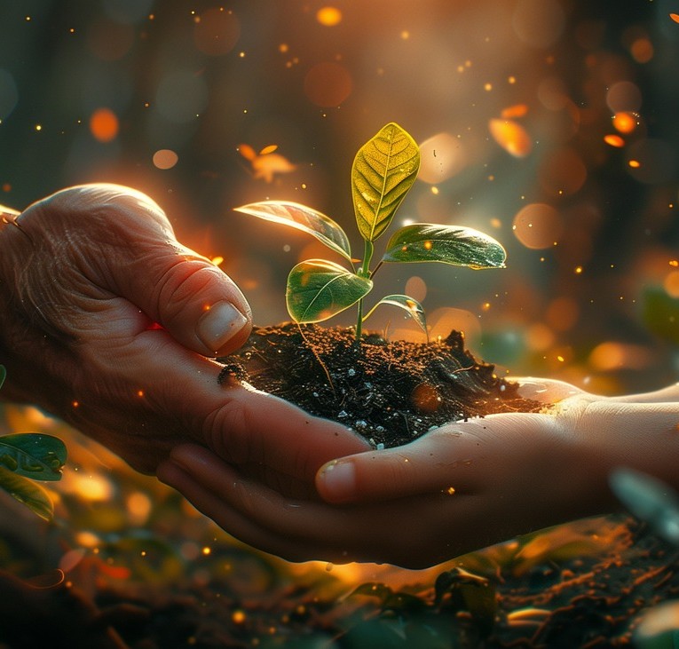 Kræftramte har ordet symboliseret ved en voksen hånd der overdrager en lille plante til en barnehånd. Gyldne lysglimt i baggrunden.