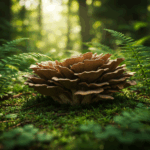 Maitake illustreret ved foto af svampen i en skov med bregner i skovbunden.