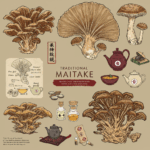 Maitake illustreret ved tegninger af svampen og anvendelse som te og afkog. Grå-brun baggrund.