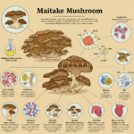 Maitake illusterret ved planche med tegning af svampen og hvilke organer den påvirker i små cirkler omkring denne. Beige baggrund.