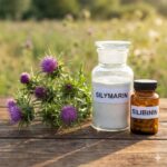 Marietidsel symboliseret ved et bord hvor der ligger en marietidsel og der står desuden to glas med sillymamin. Mark i baggrunden.