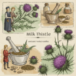 Marietidsel illustreret ved ældre planche, der viser tegning af planten og et par tegninger af mortere, hvor den tilberedes til medicinsk brug.