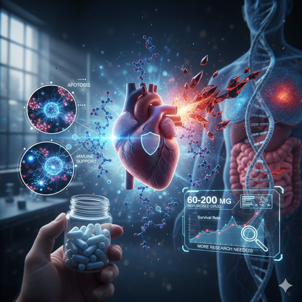 Melatonin symboliseret ved et laboratorie et hjerte, nogle piller og blåt skær over billedet.