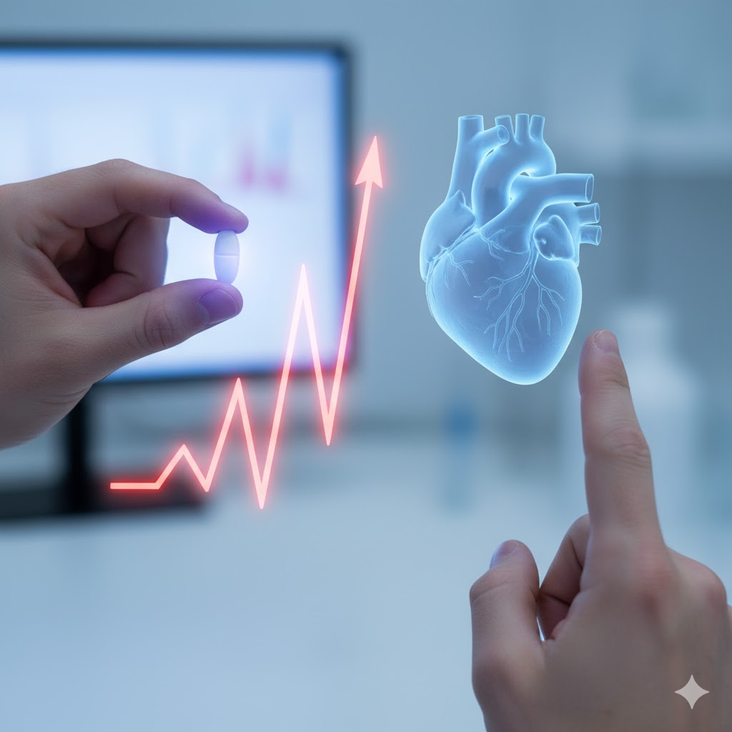 Melatonin symboliseret ved nogle fingre der peget på et lys-hjerte. En rød graf og en skærm i baggrunden.