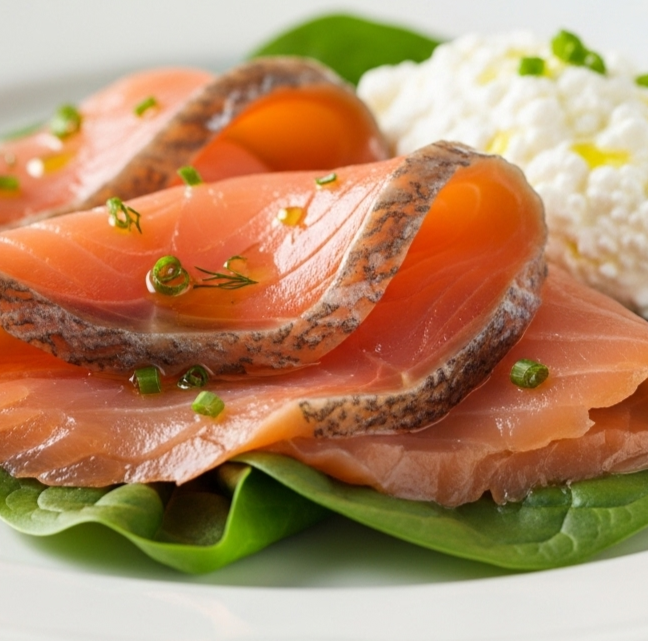 Morgenmad og frokost symboliseret ved skiver af røget laks med hytteret på salatbund.