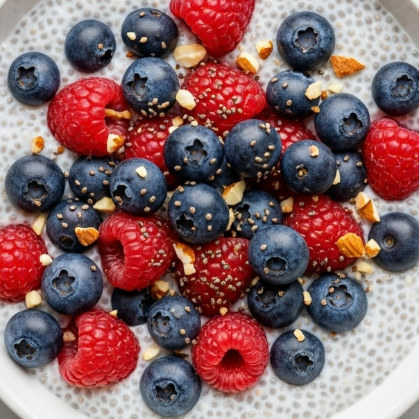 Morgenmad og frokost symboliseret ved chiagrød (lys= med blåbær, jordbær og hindbær.