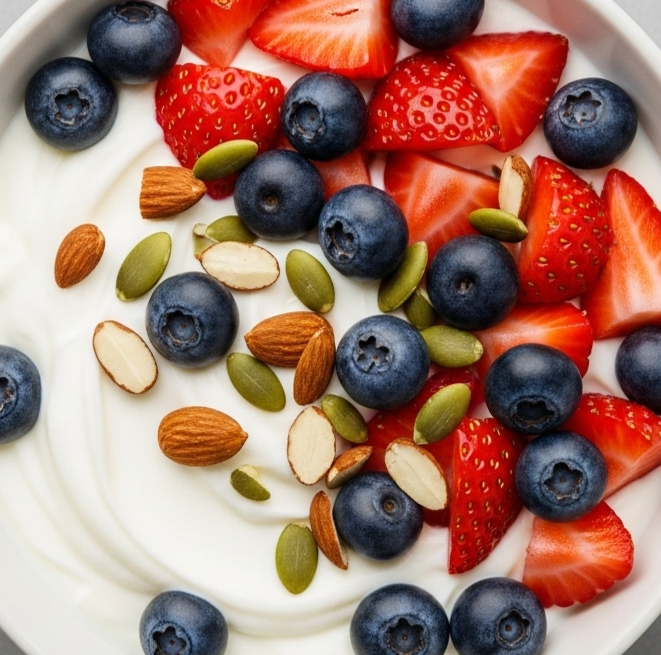 Morgenmad og frokost symboliseret ved græsk yoghurt naturel med bær og nødder.