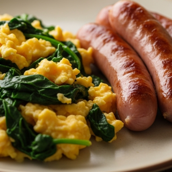 Morgenmad og frokost symboliseret ved røræg med spinat og kyllingepølser fra Hanegal (gluten og laktosefri)